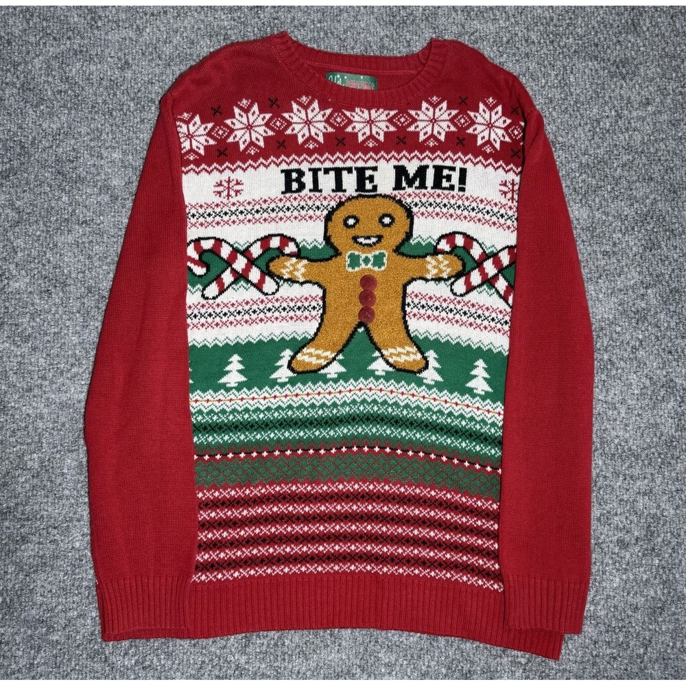 Ugly Christmas Sweater Bite Me Gingerbread‎ Man Holiday Red Men's Sz Extra Large